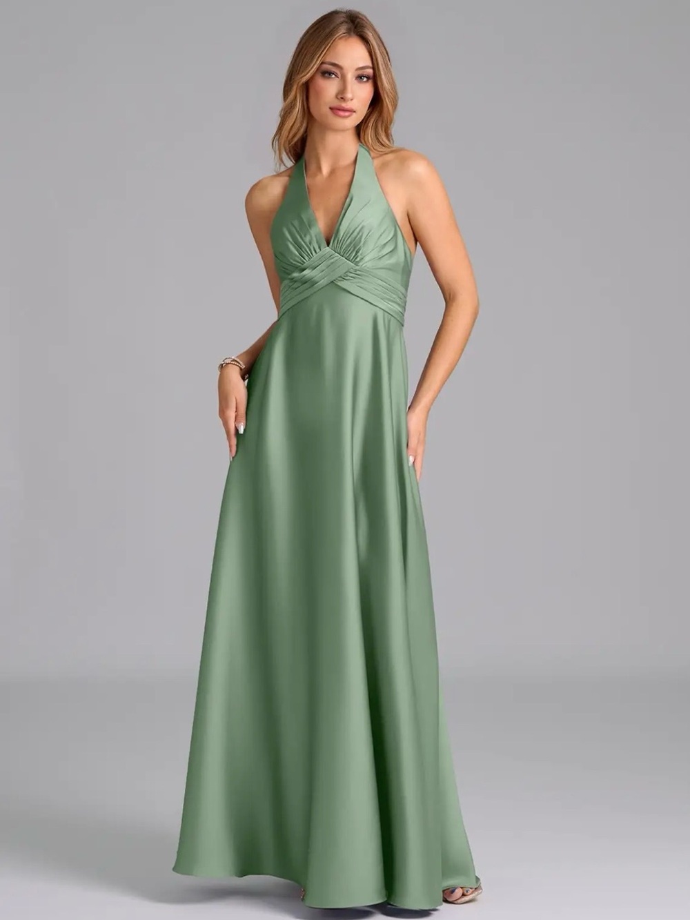 Azazie Halter Neck Dress in Satin (color matcha, size 4)
